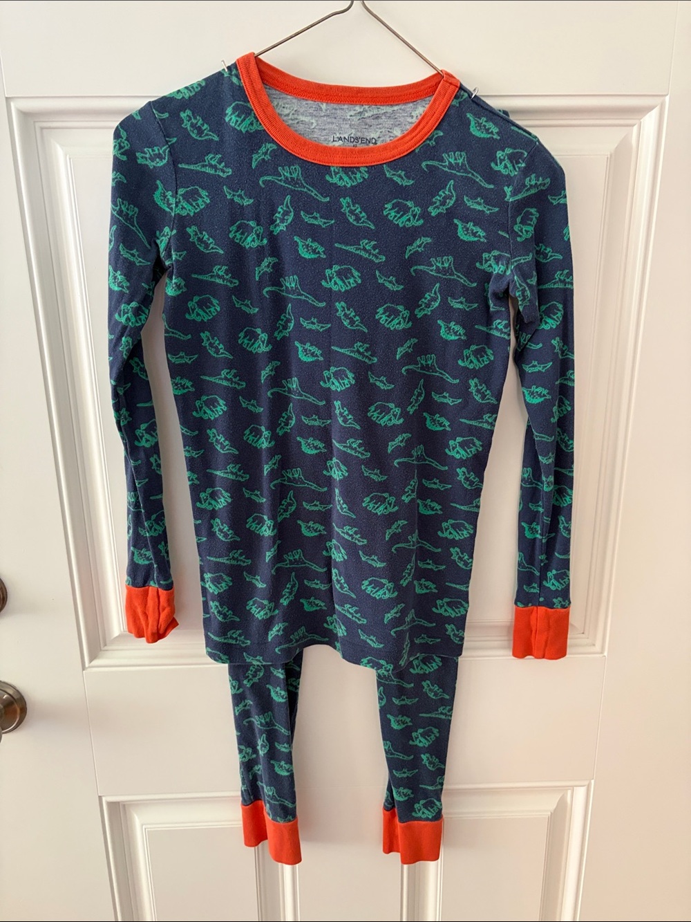 Lands' End Navy Dinosaur Pajama Set with Orange Trim